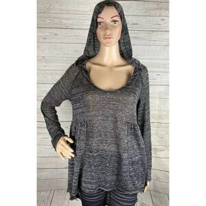 An:M Hooded Sweater Medium Marled Gray Thin Knit Peplum Ruffle Casual High Low